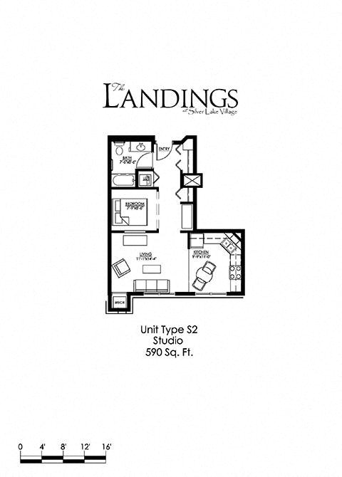 Floor plan for studio, 1 bath, 590 sqft